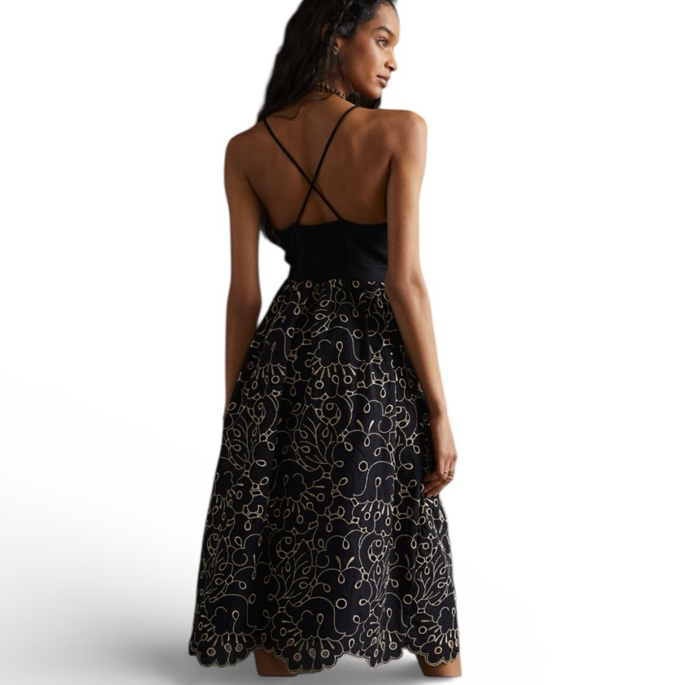 Maeve Anthropologie Strappy Eyelet Midi Flowy Dress Sz M Black Gold Metallic - Picture 5 of 8